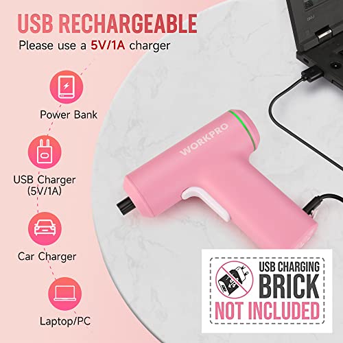 WORKPRO Pink Electric Cordless Screwdriver Set, 3.6V USB Rechargeable Lithium-ion Battery Power Screwdriver Kit with LED Light, 6Nm Torque Screw Gun with 28pcs Accessories for Home, Office Repair