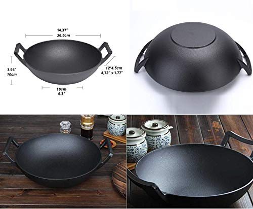 14-Inch Cast Iron Wok Set (Pre-Seasoned), Glass Lid & Silicone Hot Handle Holders