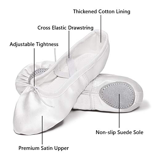 XJX Satin Ballet Shoes for Girl leather Split Sole Dance Slippers Yogu Shoes White 37 - Thumbnail 2