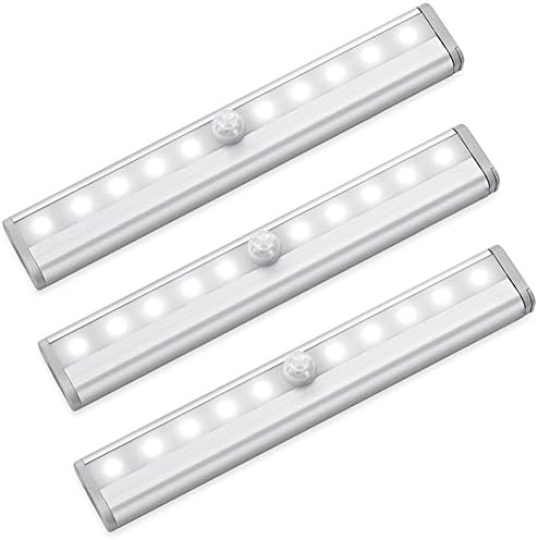 Motion Sensor Closet Lights, Cordless Under Cabinet Lightening, Stick-on Anywhere Wireless Battery Operated 10 LED Night Light Bar, Safe Lights for Closet Cabinet Wardrobe Stairs, 3 Pack