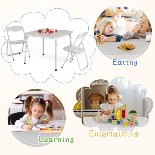 Garvee Kids Folding Table and Chair Set, 1 Table + 2 Chairs, Beige, Children Activity Table with Metal Frame & PU Surface, Foldable Toddler Furniture for Eating Reading Playing