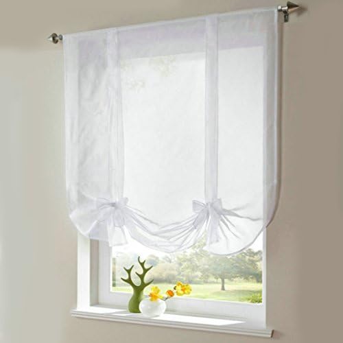 ISINO 1 Piece Rod Pocket Ribbon Tie Up Curtain Sheer Voile Balloon Shades W 23" x H 55" White