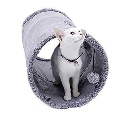 PAWZ Road Collapsible Cat Tunnel,Crinkle Kitten Play Tube for Large Cats, Dogs, Bunnies with Ball - Fun Cat Toys 2 Peep Hole Design Grey