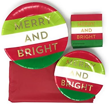 Christmas Merry & Bright Party Set of Disposable Dinnerware: 20 Paper Plates, 20 Paper Dessert Plates, 30 Napkins, and 1 Red Tablecloths