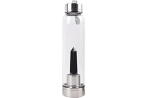 Queemie Black Quartz Crystal Water Bottle, Stainless Steel Glass Black Obsidian Gemstone Obelisk Wand Energy Cup Sports Cup, Natural Wellness Healing 550ml