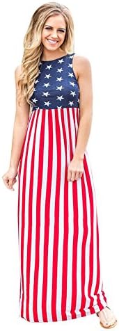 Simayixx Wome Dresses,Sexy Women Independence of Day Print Round Neck Beach Dress Sleeveless Long Maxi Casual Dress (XXL, Blue)