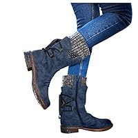 BALABA◕｡Women Mid-Calf Boots Flat Heels Lace Up Strappy Zip Up Shoes Retro Cowboy Boots Motorcycle Riding Boots Shoes Blue