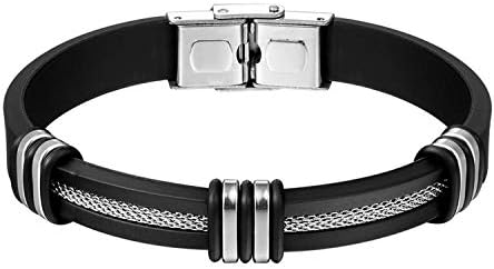Men's Silver Black Stainless Steel Silicone Rubber Bracelets Mens Bangle Wristbands Black Male Jewelry,09