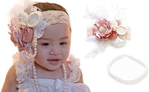 Shabby Chic Flower Headband with Pearl Necklace by Mom and Baba … (Peach)