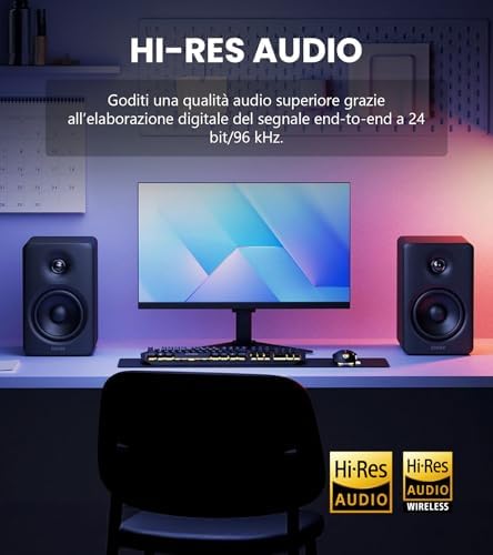 Diffusori da scaffale M90, scrivania 100 W RMS, audio alta risoluzione, LDAC, Bluetooth 6.0, ingressi HDMI eARC/ottico/USB-C/AUX, amplificati con uscita SUB OUT, telecomando per TV/PC-Nero