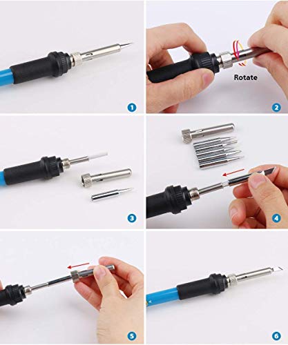 GLE2016 Electric Soldering Iron Kit 60W Adjustable Temperature Welding Soldering Iron with 5pcs Different Tips, 1 Solder Wire 1.0mm Dia. (Soldering Irons) (Upgrade Black) - Thumbnail 4