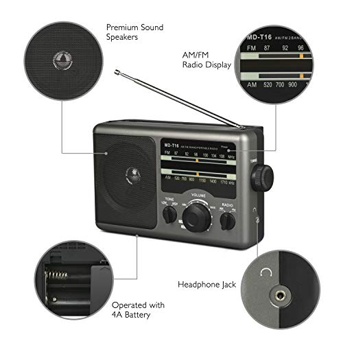 AM FM Battery Operated Radio via 4X DC Batteries or AC Power, Portable Transistor Radio with 3.5 mm Earphone Jack for Camping,Hiking or Outdoor Activities