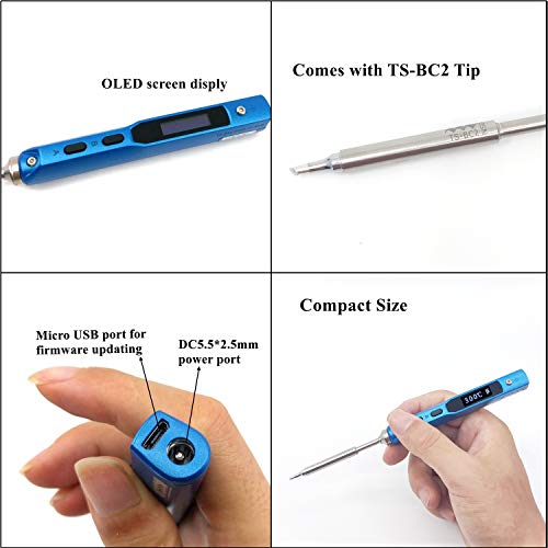 NovelLife 65W Mini TS100 Electric Soldering Iron Kit,Adjustable Temperature,Programmable STM32 Chip,Digital OLED Screen Display with TS B2 Solder Tip,Power Supply,XT60 Power Cord (Blue BC2 Tip)