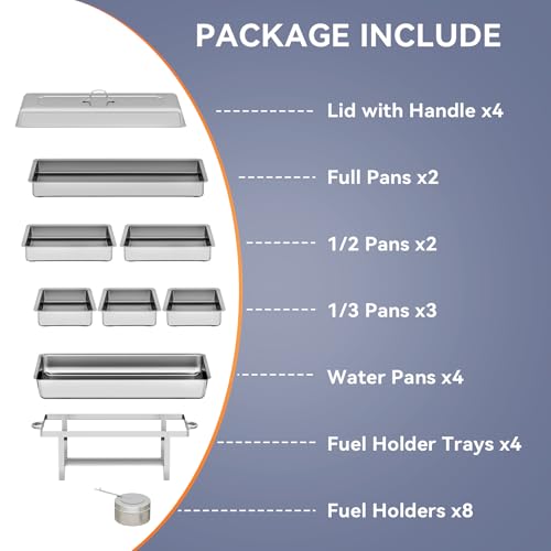 Narra 4 Pack Chafing Dishes for Buffet, 9QT Stainless Steel Catering Chafer,Multi-Size Buffet Servers,Foldable Rolled-Edge Food Warmers for Party,Wedding,Birthday(Full & 1/2 & 1/3 Size Food Pan)