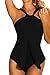 Women Solid Halter Neck Wrap One Piece Swimwear Monokini Black XL