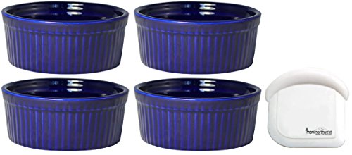 ITI Ceramic Stackable Baking Ramekins / Condiment Sauce Cups with Pan Scraper, Medium / Large, 4-Pack (6 Ounce, Cobalt Blue)