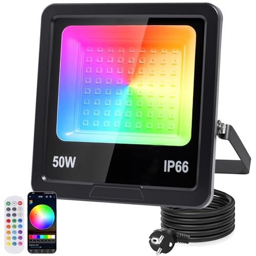 Indmird Outdoor RGB LED Spotlight 50W, Outdoor RGB LED Projector with 2.4G Remote Control and Bluetooth App, IP66 Waterproof Dimmable LED Spotlights Colours for Halloween Christmas Garden Party