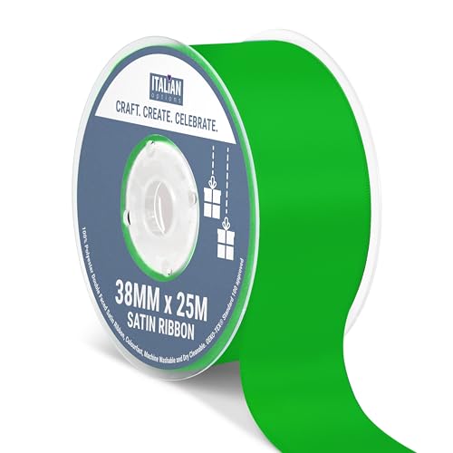 Italian Options Satin Ribbon, Fabric Ribbons for Gift Wrapping, Crafting, Balloons, Wedding Car, Presents, Cake, Christmas, Birthday, Gift Wrap Accessories, 38mm Wide x 25 Metre Roll, Emerald