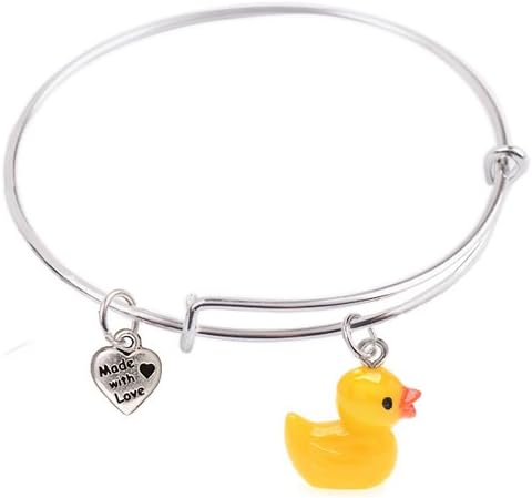 65 mm, Expandable Wire Bangle bracelet with 3-D Resin Yellow Rubber Ducky Charm, Qty:1