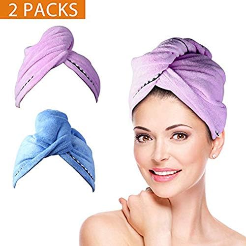 2 Pack Hair Towel Wrap Turban Microfiber Drying Bath Shower Head Towel with Buttons, Quick Magic Dryer, Dry Hair Hat, Wrapped Bath Cap By Duomishu