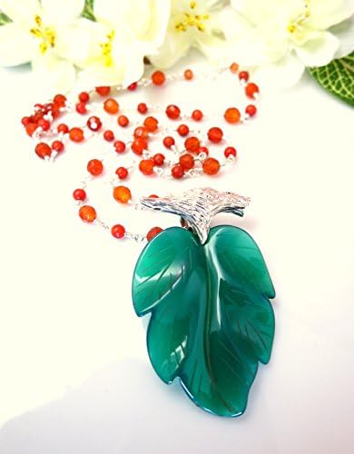 Green agate leaf carnelian coral rosary sterling silver necklace, St Patricks Day lucky green leaf necklace, pocahantas green leaf necklace