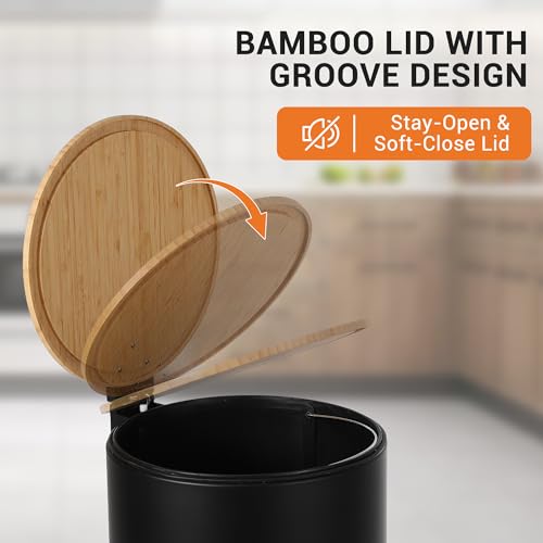 30L Stainless Steel Trash Can with Bamboo Lid, Pedal - Operated Garbage Bin with Removable Inner Bucket for Kitchen, Bathroom, Small Spaces