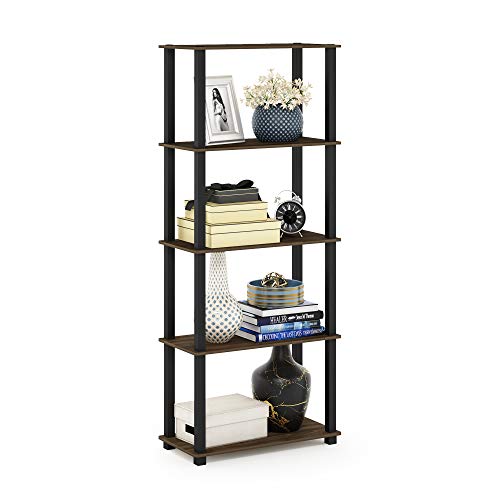 Furinno TURN-S-TUBE Book Shelf, 5-Tier Toolless Storage Shelves with Square Tubes, Shelving Unit for Organization and Storage for Living Room, Home Office, Columbia Walnut
