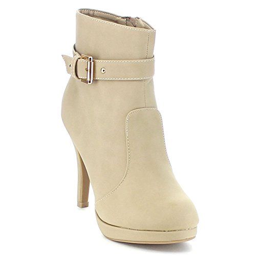 Top Moda GEORGE-15 Women's Strap Buckle Stiletto Heel Ankle Booties, Color:TAUPE, Size:7