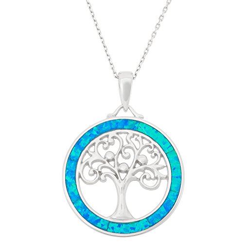 Sterling Silver Tree of Life Created Blue Opal Circle Pendant with 18