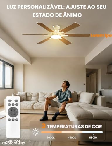 Ventilador de Teto com Controle Remoto, 132cm, 6 Velocidades Função Reversa Luz LED 3 Cores com Memória Motor BLDC Silencioso 127-220V