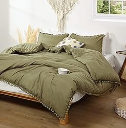 Smoofy Pom Fringe Comforter Set Queen Size Olive