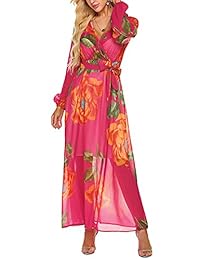 BLUETIME - Vestido largo de gasa con cuello en V y estampado floral, con cinturón, para mujer