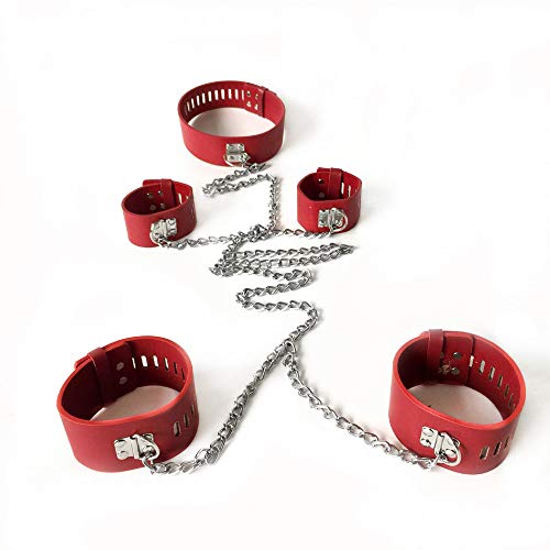 Leather Body Harness Handcuffs Ankle Cuffs and Neck Collar for Adult Games – BDSM Slave Hand Cuffs Restraints Sex Toys for Couples,Red