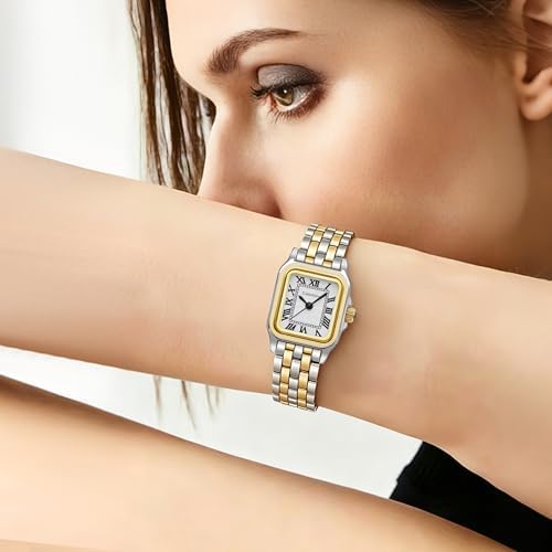 Relojes de oro para mujer, vintage, rectangular, delicada, joyería, reloj de pulsera pequeño, reloj delgado para mujer, esfera clásica con números romanos, resistente al agua hasta 3 ATM, con