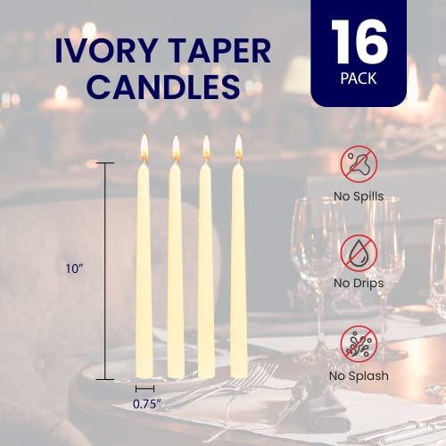 Exquizite Ivory Taper Candles 16 Pack Unscented Dripless Taper Candles 10 inch x 3/4 inch