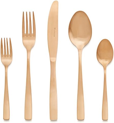 Vistella 5-Piece Matte Rose Gold Copper Dinnerware / Flatware Set - Premium Quality Silverware made of Fine Stainless Steel Metal - Elegant Modern &amp; Luxury Design Cutlery for Everyday Casual Use