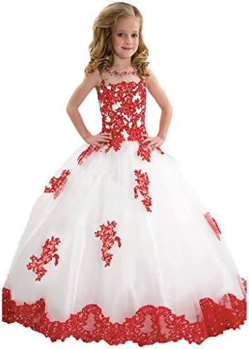 PuTao Little Girl's Princess Appliques Crystal Pageant Party Gowns Dresses 8 Red White