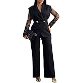 CHICME Women's 2 Piece Outfits Lace Spliced Long Sleeve Notched Collar Top and Casual Wide Leg Pants Set