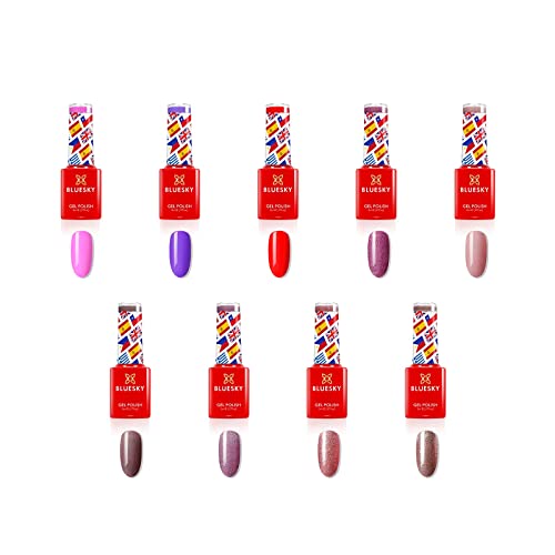 Bluesky Gel Nail Polish Set, 10 Year Anniversary - Full Collection. 9 x 5ml. Pink, Purple, Red, Mauve, Nude, Pastel, Fine Glitter (Requires curing under UV/LED Lamp)