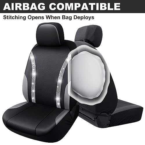 JanQee 2 Pack Bling Front Car Seat Covers, Universal Shining Crystal Diamond Rhinestone Soft Car Seat Protectors, Waterproof PU Leather Bling Car Accessories Interior Fit Most Cars(White Diamond)