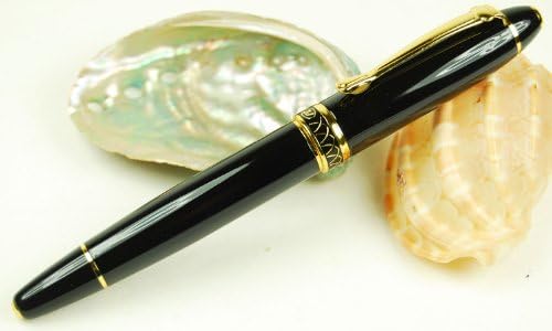 Hooded Fountain Pen New Black Golden 930 Ring Cap Nib M Point 22 Kgp with Push in Style Ink Converter