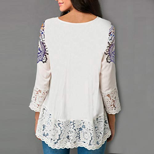 TIFENNY Vintage Lace Shirt for Women Loose Three Quarter V-Neck T Shirts Tops Lace Patchwork Hem Blouse White