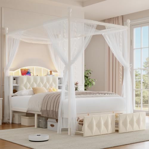 Queen Size Upholstered LED Canopy Bed Frame with 2 Drawers and &