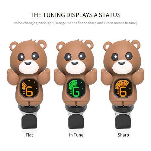 Clip On Cartoon Bear Guitar Tuner For All Instruments, Ukulele, Guitar, Bass, Mandolin, Violin, Banjo, Large Clear LCD Display For Guitar Tuner (Brown)