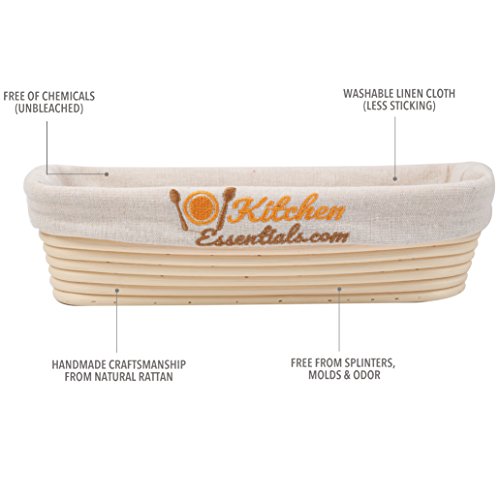 4-In-1 Oval Bread Proofing Basket Set – 12 inch Banneton Proofing Basket + Liner + Scraper + Linen Bag – Rectangle Brotform Proofer Bowl for Artisan Bread, Sourdough, Loaves & Others
