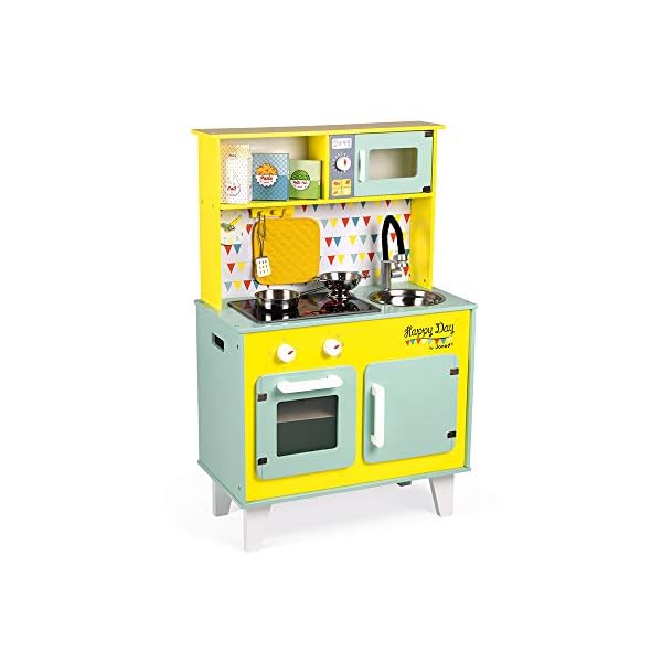 Janod - Big Wooden Play Kitchen - Happy Day - With Fridge and Microwave Oven, Sound and Light - Pretend Play Toy Kitchen…