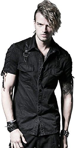 Peony ghost Punk Men Denim Shirts Black Short Sleeves Casual Shirt Double Pockets Cotton Shirts