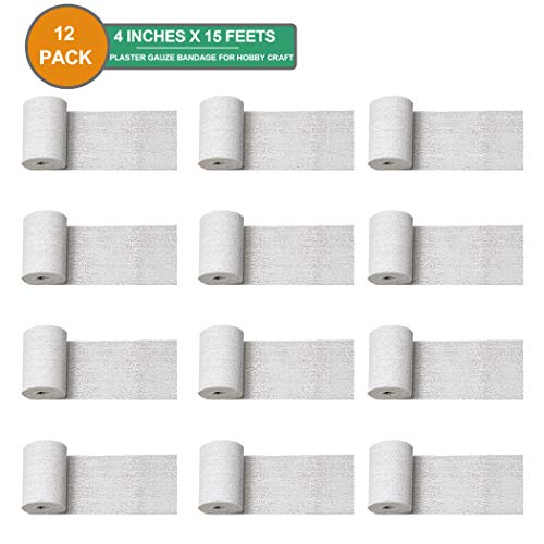 Plaster Gauze Bandage for Hobby Craft, Masks, Scenery, Belly Cast - 4" x 180" (5yd) Gauze Bandage Roll (12 Pack)
