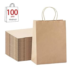 Image of GSSUSA 100Pcs 10" x 5" x 13" Brown Kraft Paper Bags Gift Bags with Handles, Shopping Durable Reusable Merchandise Retail Bags