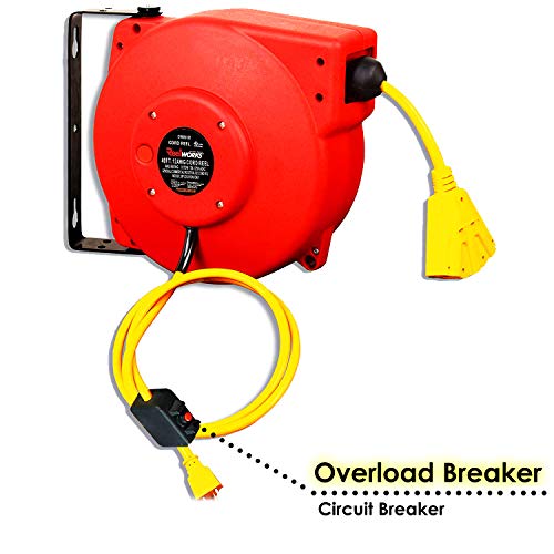 REELWORKS Retractable Extension Cord Reel Polypropylene Industrial 12AWG x 40' Feet Commercial Grade 3C SJT Cable with Triple Tap Connector 15A 125VAC 1875W 60Hz Circuit Breaker Best for Indoor Use